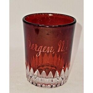 VTG Ruby Flash Red Souvenir Glass BERGEN NEW YORK NY shotglass toothpick holder